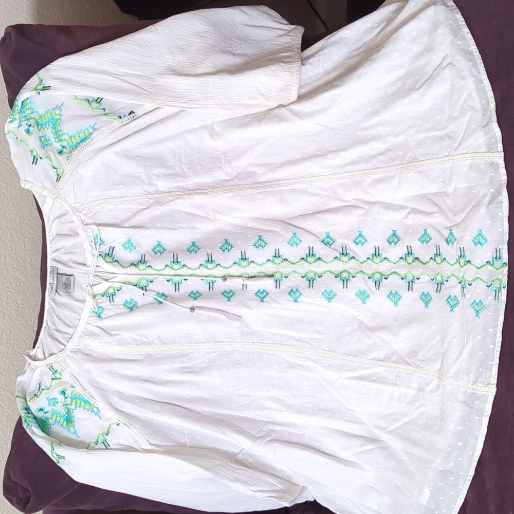 Catherines White Blouse with Green and Blue Embroidery